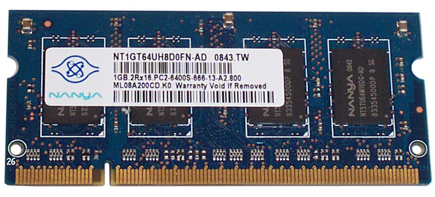 NT1GT64UH8D0FN-AD | Nanya 1GB DDR2-800MHz PC2-6400 non-ECC Unbuffered CL6 200-Pin SoDimm 1.8V Memory Module