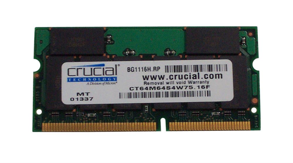 CT64M64S4W75 | Crucial Technology 512MB 133MHz PC133 non-ECC Unbuffered CL3 144-Pin SoDimm 3.3V Memory Module