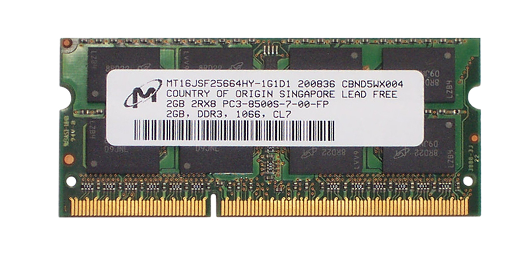 MT16JSF25664HY-1G1D1 | Micron 2GB DDR3-1066MHz PC3-8500 non-ECC Unbuffered CL7 204-Pin SoDimm 1.35V Low Voltage Dual Rank Memory Module