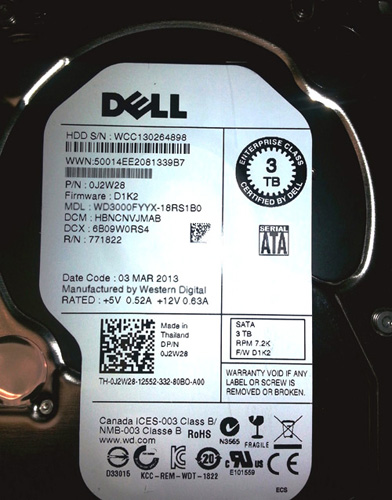 J2W28 | Dell 3TB 7200RPM SATA 3Gb/s 3.5 Internal Hard Drive for PowerEdge Server