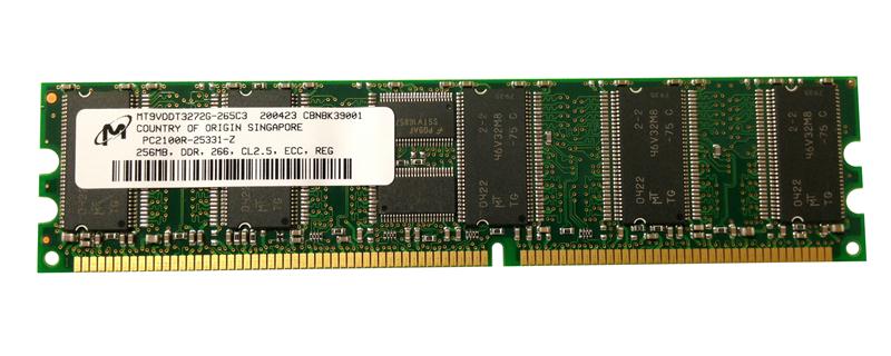 MT9VDDT3272G-265C3 | Micron 256MB DDR-266MHz PC2100 ECC CL2.5 184-Pin DIMM 2.5V Single Rank Memory Module