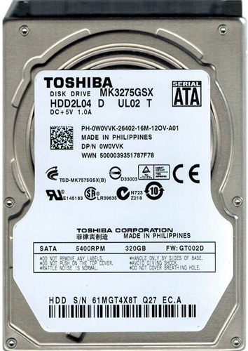 MK3275GSX | Toshiba 320GB 5400RPM 8MB Cache 2.5 SATA 3Gb/s Hard Drive