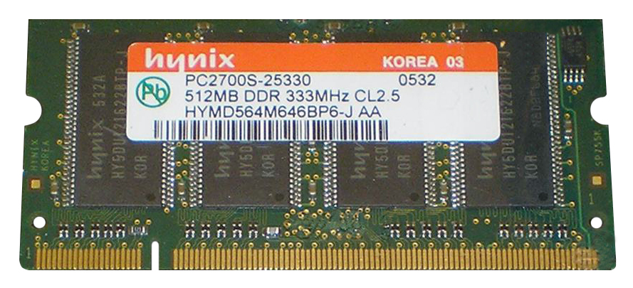 HYMD564M646BP6-J | Hynix 512MB DDR-333MHz PC2700 non-ECC Unbuffered CL2 200-Pin SoDimm 2.5V Memory Module