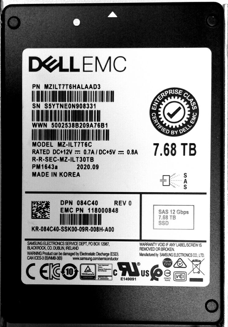 MZILT7T6HALAAD3 | Samsung Pm1643a 7.68 Tb SAS 12gbps 2.5inch Read Intensive Enterprise Internal Solid State Drive SSD - NEW