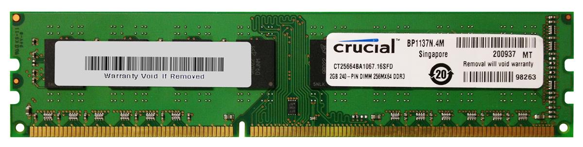 CT25664BA1067 | Crucial Technology 2GB DDR3-1066MHz PC3-8500 non-ECC Unbuffered CL7 240-Pin DIMM 1.35V Low Voltage Memory Module