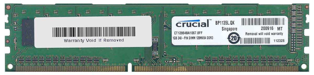 CT12864BA1067 | Crucial Technology 1GB DDR3-1066MHz PC3-8500 non-ECC Unbuffered CL7 240-Pin DIMM 1.35V Low Voltage Memory Module