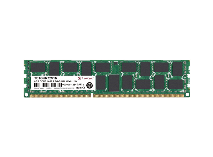 TS1GKR72V1N | Transcend 8GB DDR3-1066MHz PC3-8500 ECC CL7 240-Pin DIMM 1.35V Low Voltage Very Low Profile (VLP) Quad Rank Memory Module