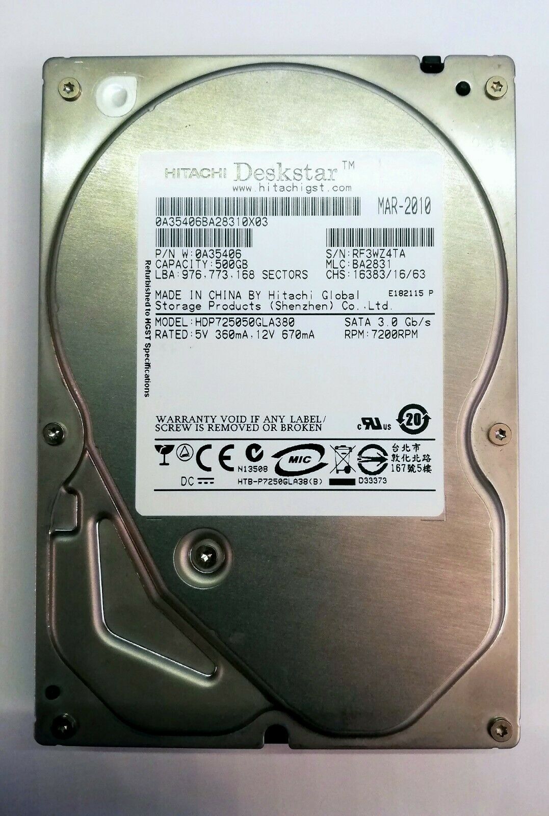 HDP725050GLA380 | Hitachi 500GB 7200RPM SATA 3 Gbps 3.5 8MB Cache Hard Drive