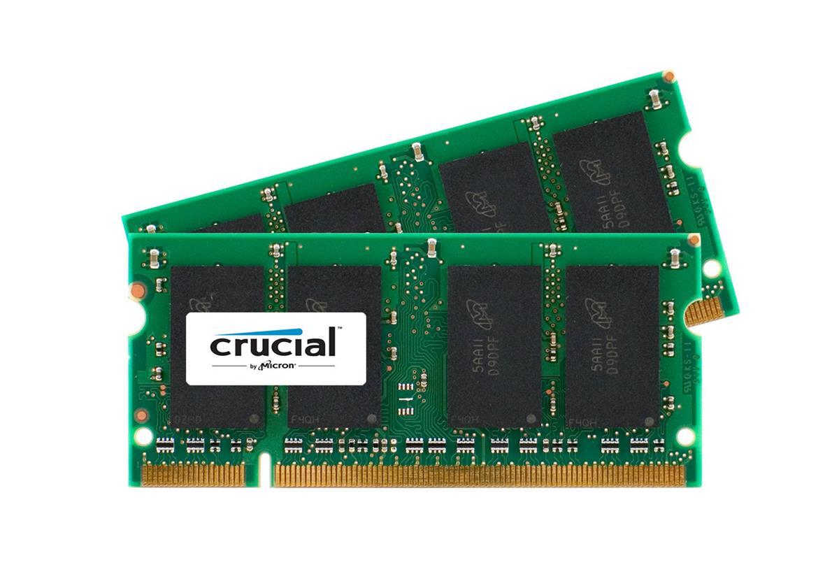 CT766894 | Crucial 2GB Kit (2 x 1GB) DDR2-800MHz PC2-6400 non-ECC Unbuffered CL6 200-Pin SoDIMM Memory Upgrade