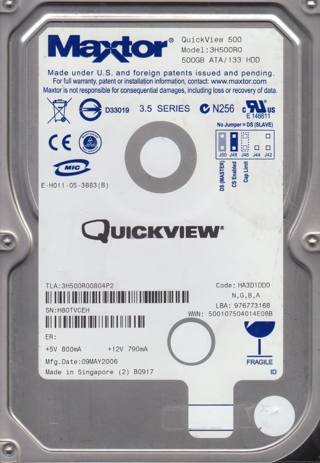 3H500R0 | Maxtor QuickView 500 500 GB 3.5 Internal Hard Drive - IDE Ultra ATA/133 (ATA-7) - 7200 rpm - 16 MB Buffer