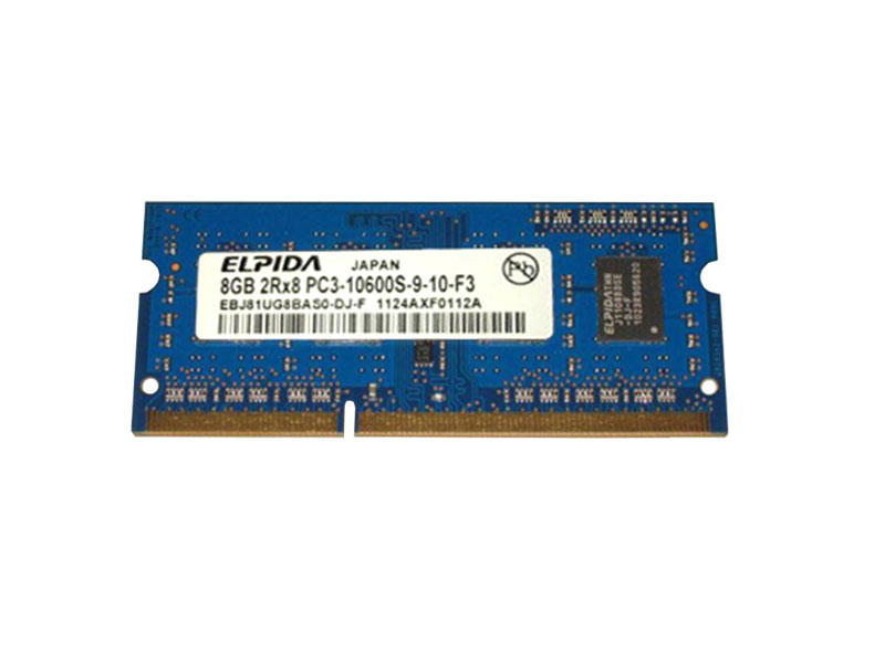 EBJ81UG8BAS0-DJ-F | Elpida 8GB DDR3-1333MHz PC3-10600 non-ECC Unbuffered CL9 204-Pin SoDimm 1.35V Low Voltage Dual Rank Memory Module