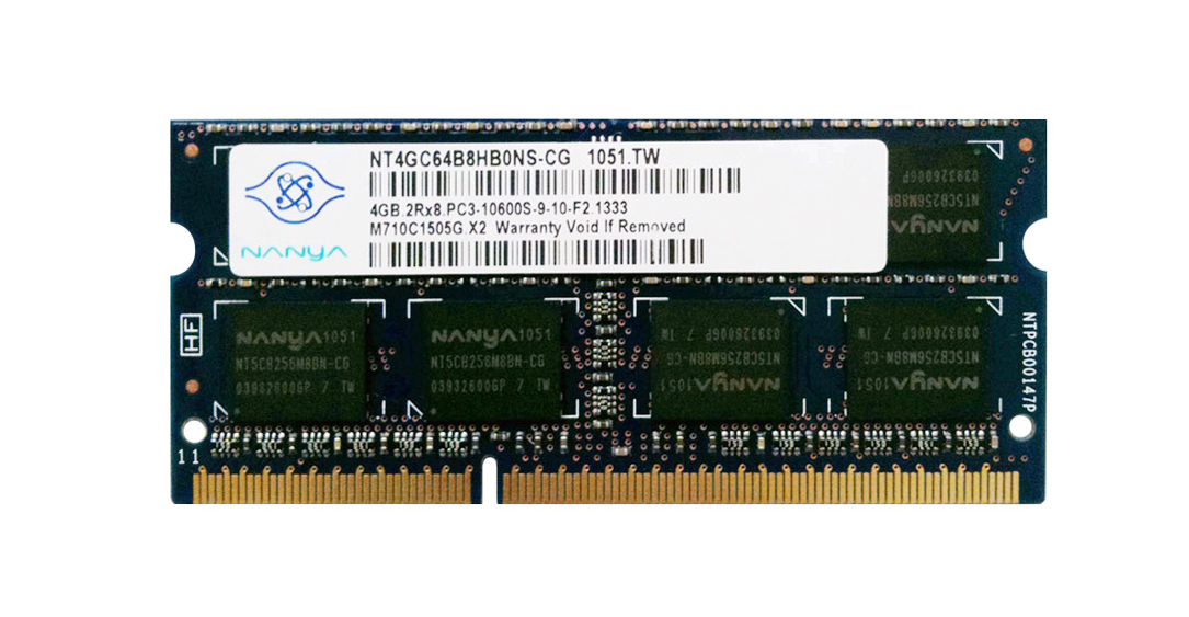 NT4GC64B8HB0NS-CG | Nanya 4GB DDR3-1333MHz PC3-10600 non-ECC Unbuffered CL9 204-Pin SoDimm 1.35V Low Voltage Dual Rank Memory Module