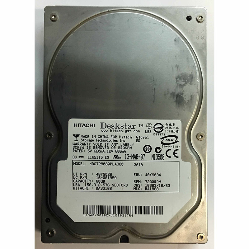 0A33168 | Hitachi 80GB 7200RPM SATA Gbps 3.5 8MB Cache Deskstar Hard Drive