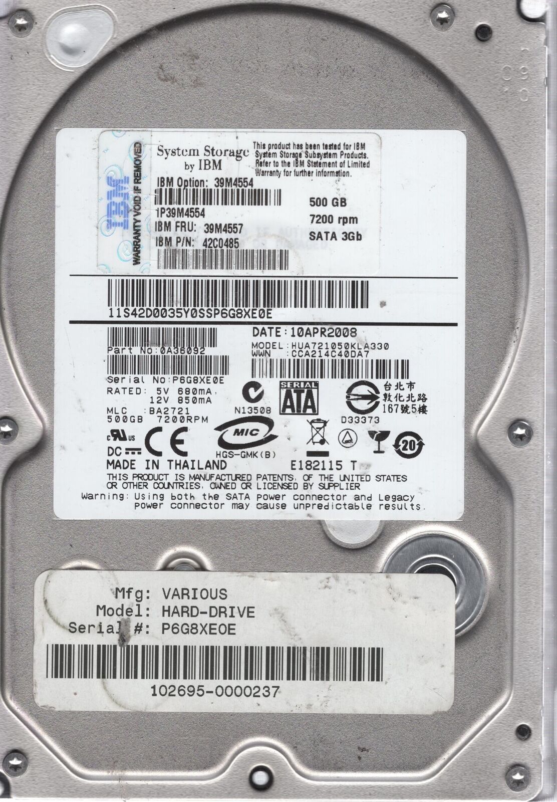 0A36092 | Hitachi 500GB 7200RPM SATA 3 Gbps 3.5 32MB Cache Hard Drive