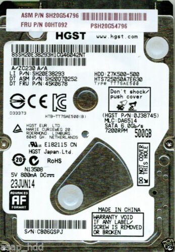 0J38745 | Hitachi 500GB 7200RPM SATA 6 Gbps 2.5 32MB Cache Hard Drive