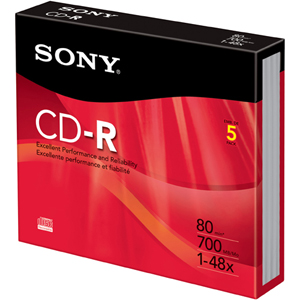 5CDQ80RH | Sony CD Recordable Media - CD-R - 48x - 700 MB - 5 Pack Slim Jewel Case - 120mm1.33 Hour Maximum Recording Time
