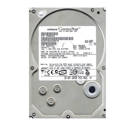 0A35274 | Hitachi CinemaStar 7K1000 1TB 7200RPM SATA 3GB/s 32MB Cache 3.5 Hard Disk Drive