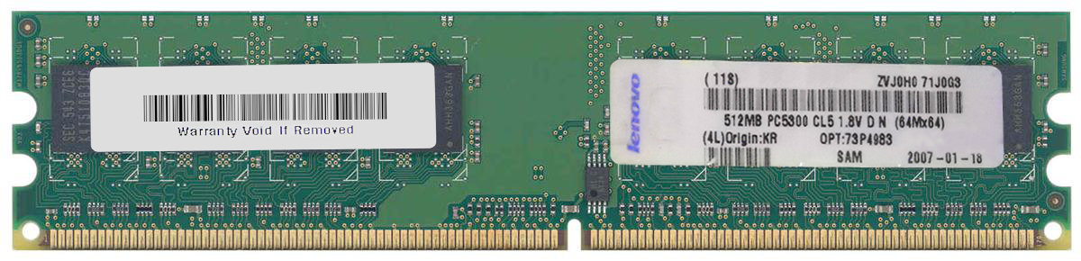 73P4983 | Lenovo 512MB DDR2-667MHz PC2-5300 non-ECC Unbuffered CL5 240-Pin DIMM 1.8V Single Rank Memory Module