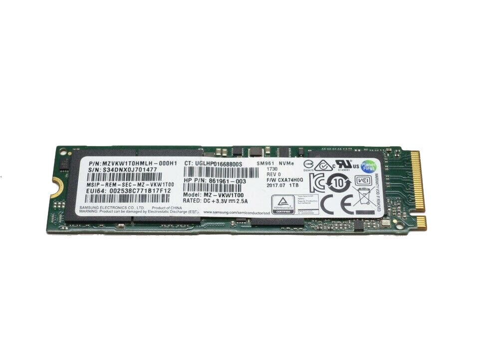 861961-003 | HP / Samsung 1TB PCI Express 3 x4 (NVMe) M.2 2280 Solid State Drive (SSD)