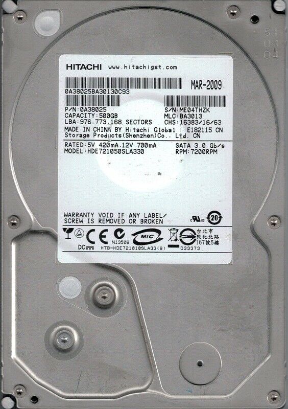 0A38025 | Hitachi 500GB 7200RPM SATA 3 Gbps 3.5 32MB Cache Deskstar Hard Drive