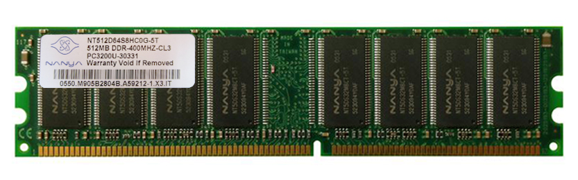 NT512D64S8HC0G-5T | Nanya 512MB DDR-400MHz PC3200 non-ECC Unbuffered CL3 184-Pin DIMM 2.5V Memory Module